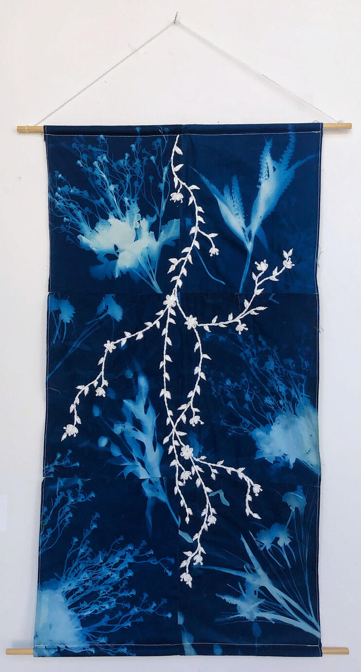Study of Embroidery on Cyanotype - 11" x 24" - 2021